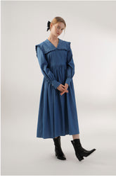 Pleated Linen Midi Dress with Frilled Sailor Collar